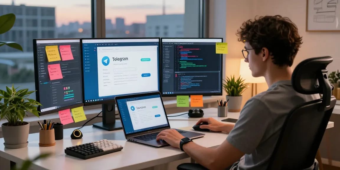 Dynamic workspace showcasing Telegram download interface design on multiple screens surrounded by vibrant brainstorming notes.