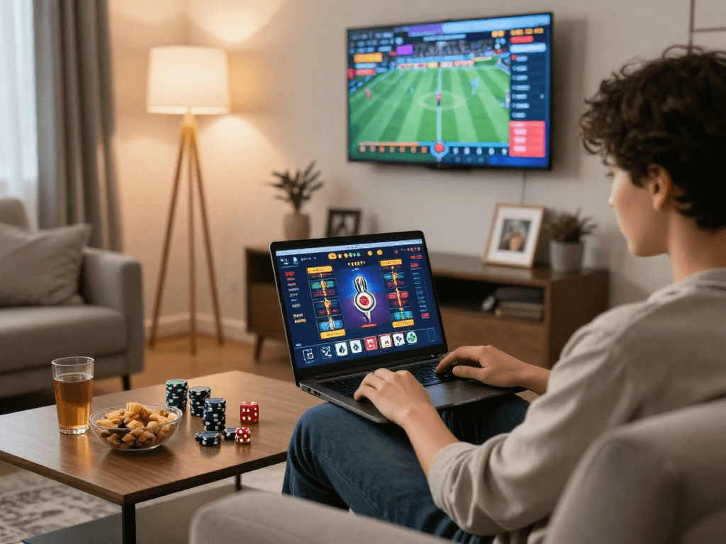 Engaged player enjoying the best online gambling sites in Canada, gamble online canada experience in cozy home setting.