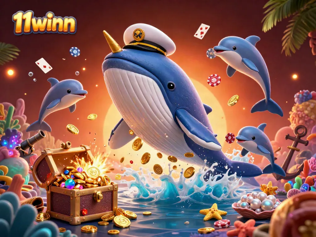 Experience 11winn with a playful underwater scene of a whale and dolphins celebrating gambling wins.