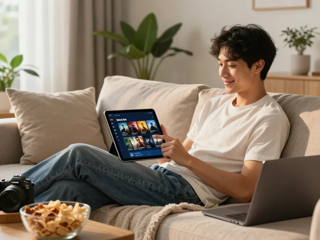 Young adult using the MovieBox download app on a tablet in a cozy living room.