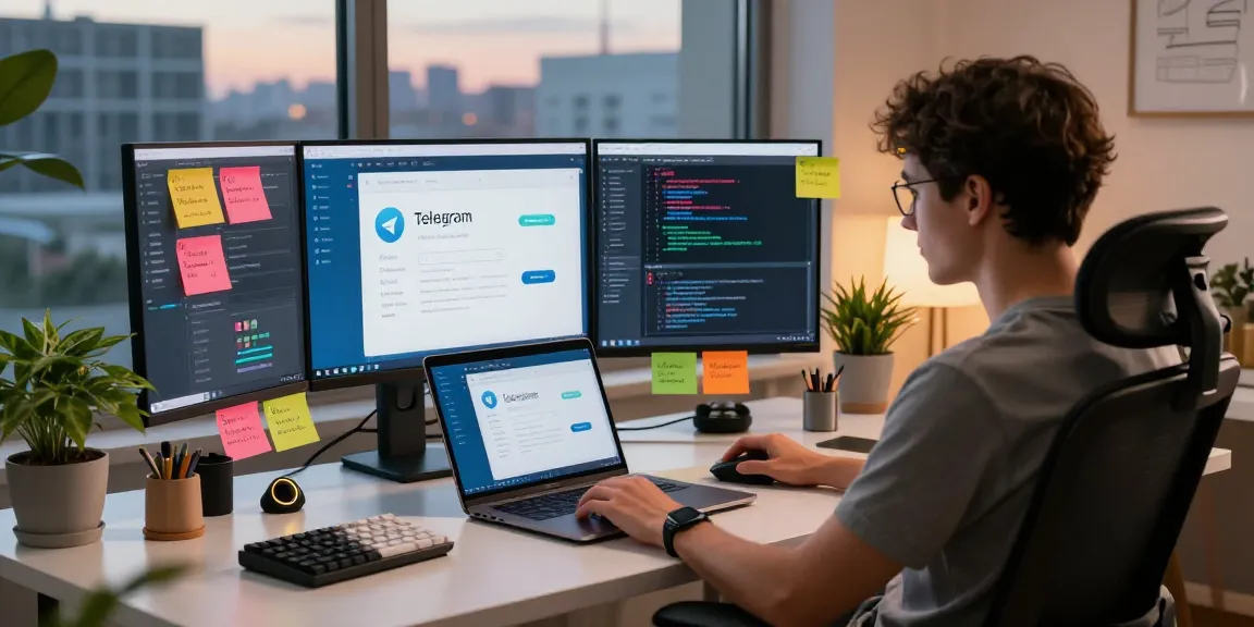 Dynamic workspace showcasing Telegram download interface design on multiple screens surrounded by vibrant brainstorming notes.