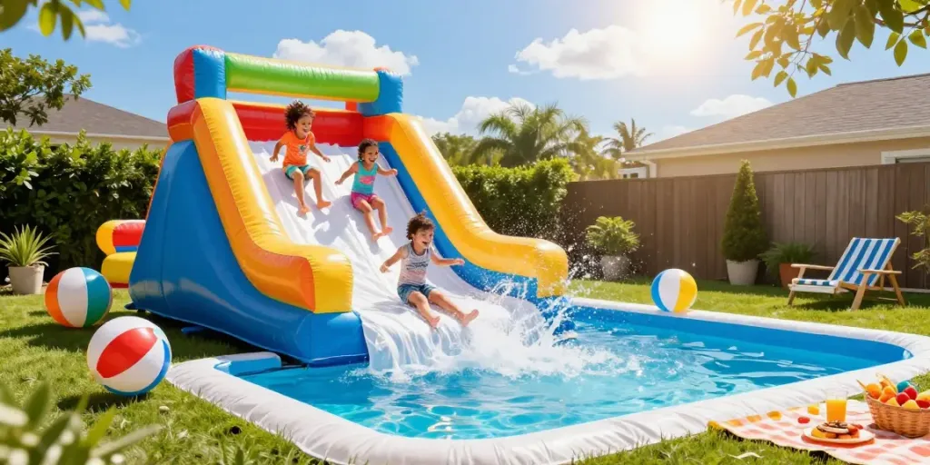 Children enjoying a vibrant water slide on a sunny day, with summer snacks around.