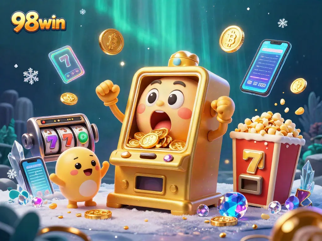 Engage with 98win's vibrant casino scene featuring a golden slot machine celebrating its jackpot.