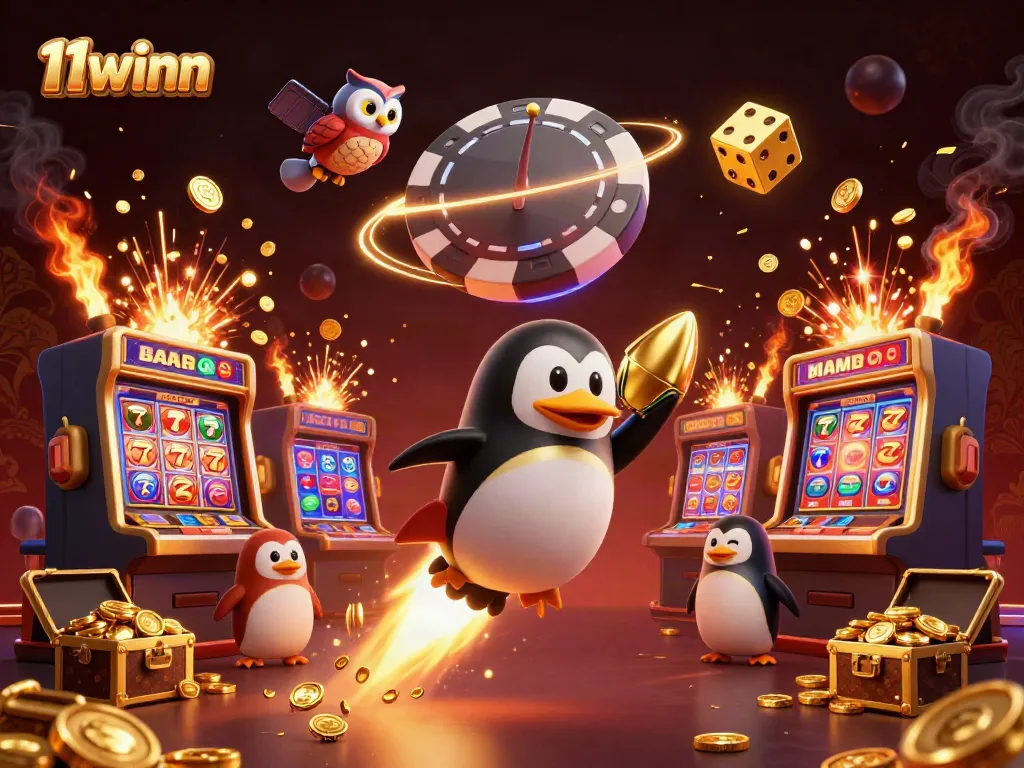 Experience excitement with the vibrant 11winn scene featuring a golden penguin and casino elements.