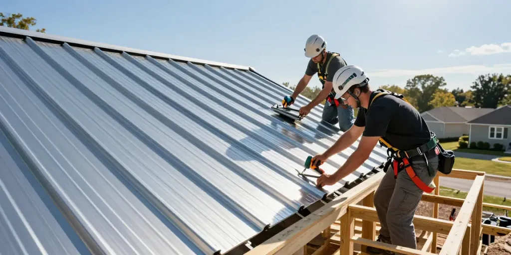 Metal roof installation by professionals using safety equipment in a suburban setting, showcasing precision and teamwork.