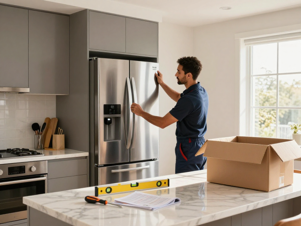 Professional appliance installation in a modern kitchen, showcasing an installer positioning a sleek refrigerator with tools nearby.