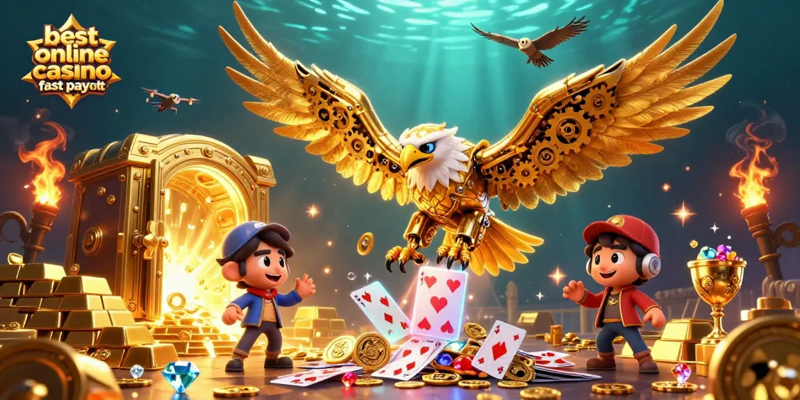 Experience fast payouts at the best online casino fast payout featuring a golden eagle and holographic cards.