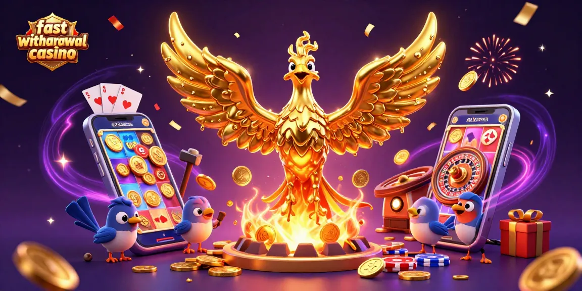 Fast withdrawal casino shows molten golden phoenix with coins, smartphone gaming, and festive elements.